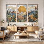 Boho Mountain Landscape Large Wall Art, Horizontal Gold Sun and Flowers Print
