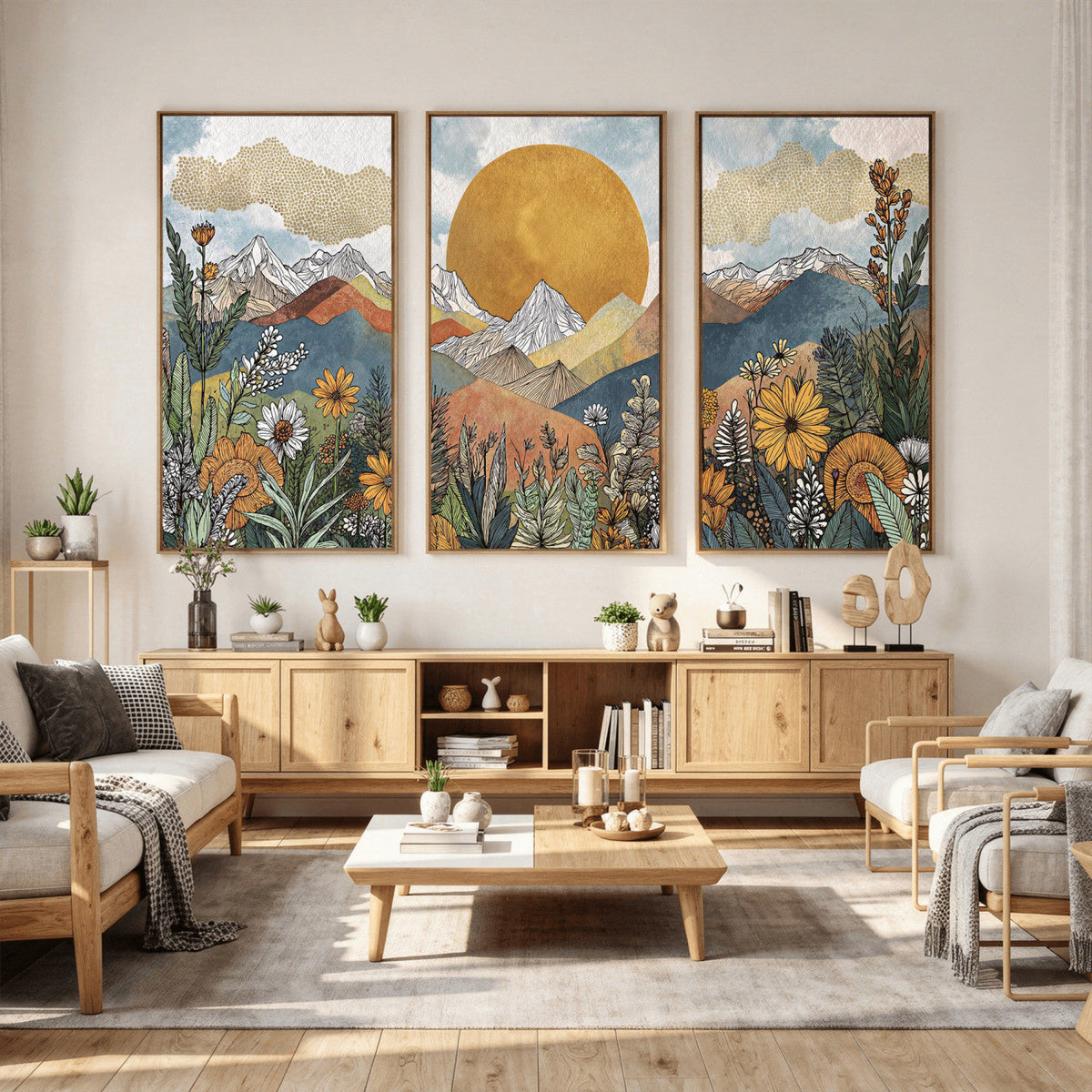 Boho Mountain Landscape Large Wall Art, Horizontal Gold Sun and Flowers Print