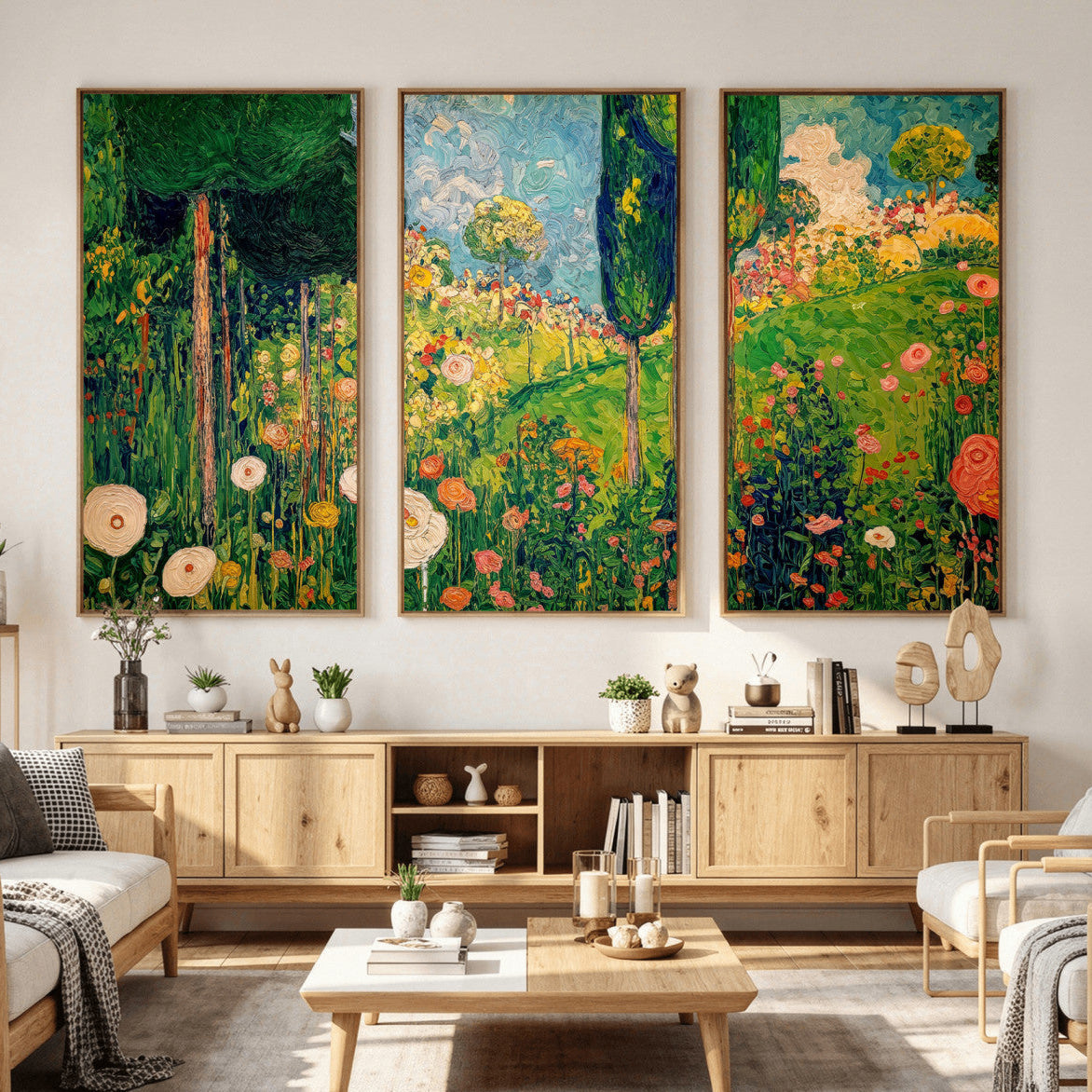 Gustav Klimt Boho Mountain Landscape Large Wall Art, Gold Sun and Flowers Print