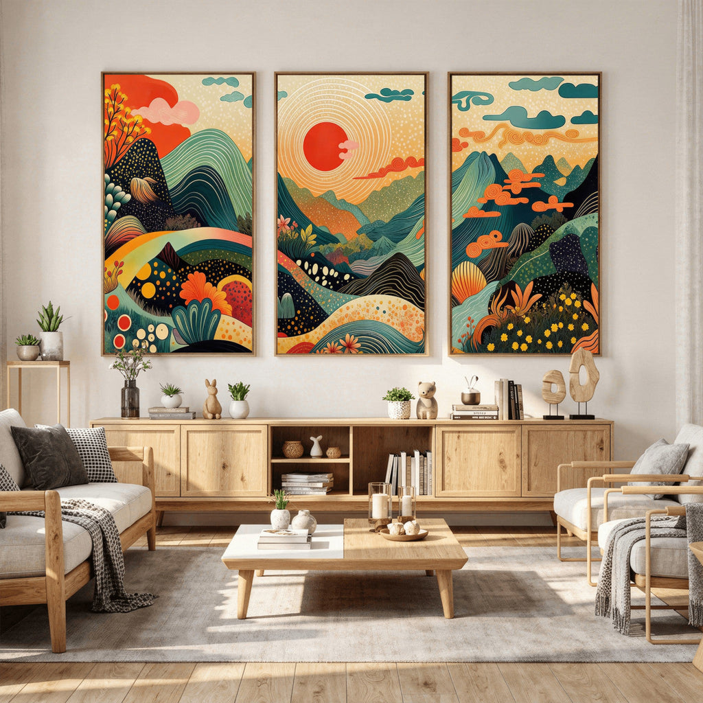 Yayoi Kusama Boho Mountain Landscape Large Wall Art, Gold Sun and Flowers Print