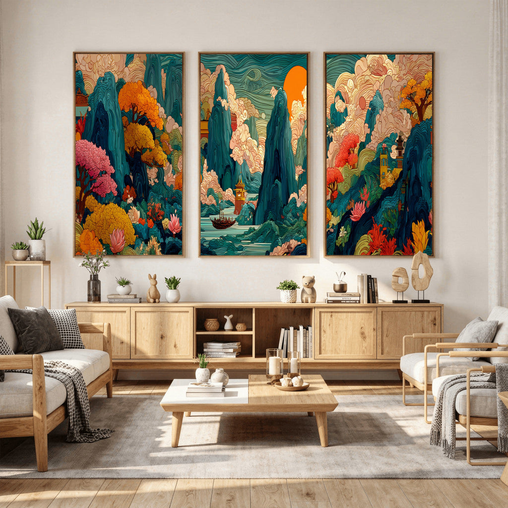 Colorful Japanese Landscape Print: Maximalist Panoramic Wall Art