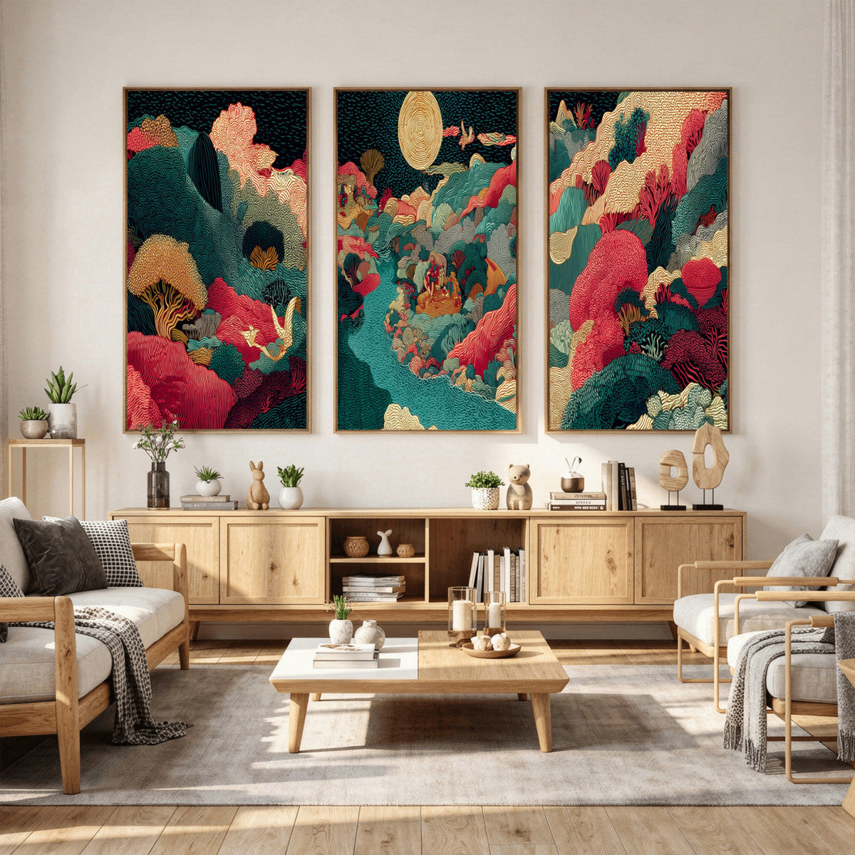 Colorful Japanese Landscape Print: Maximalist Panoramic Wall Art