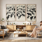 Longhorn Cattle Canvas Wall Art, Black White Stampede Ink