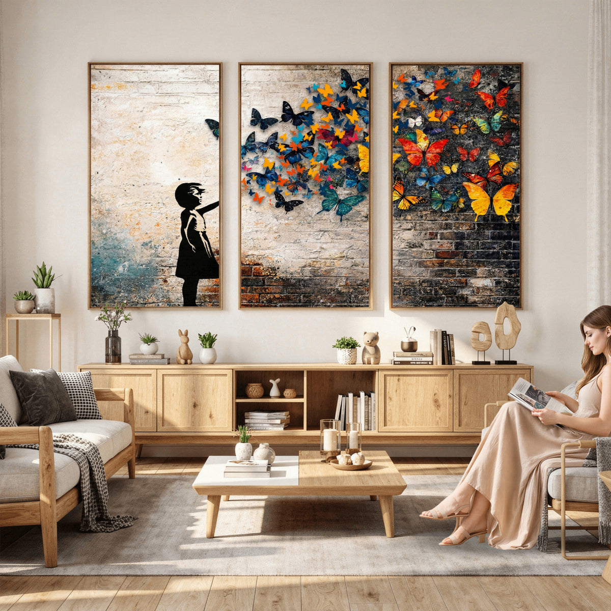 Banksy Graffiti Butterfly Girl Wall Art Canvas Print, Framed