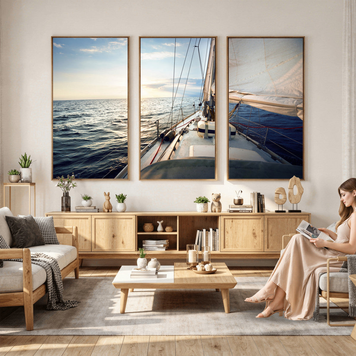 Sailboat Wall Art Canvas Print, Ocean Sunset Sailing Framed Artwork
