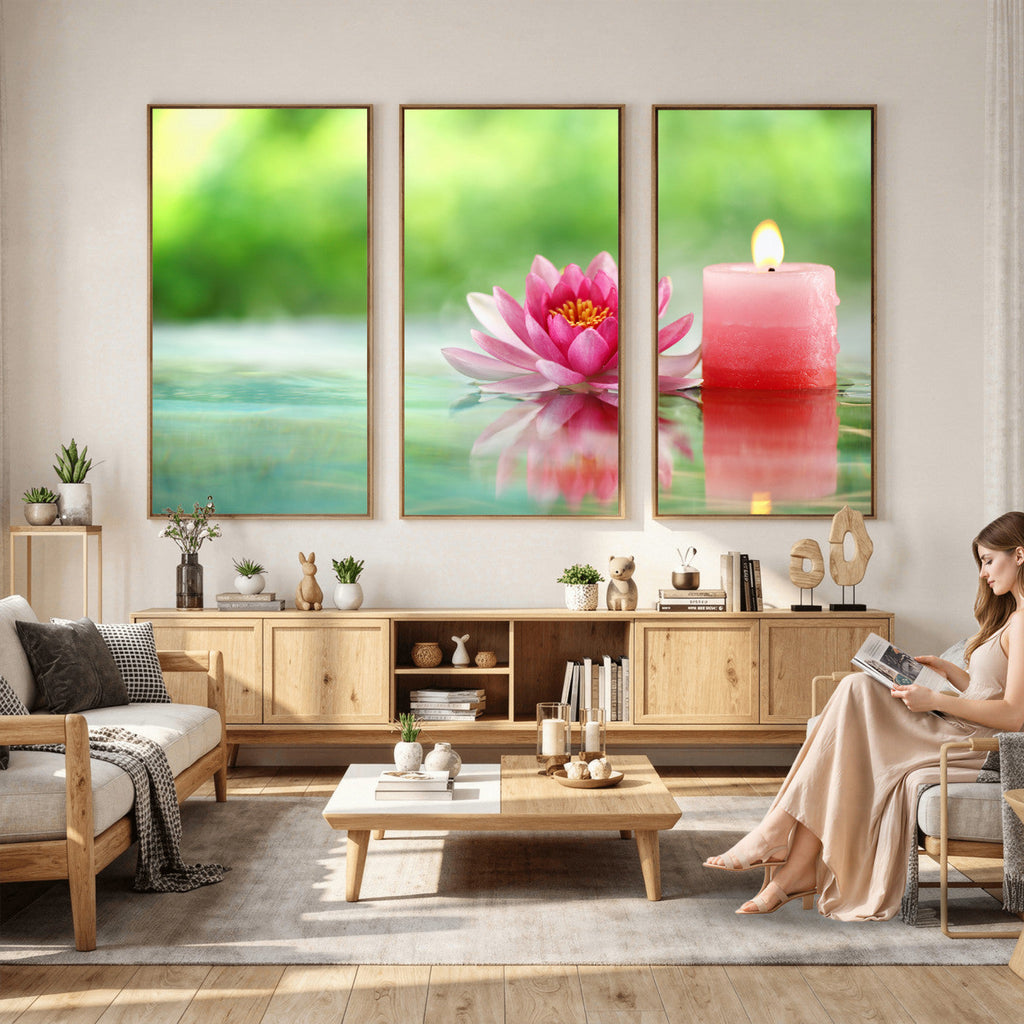 Zen Lotus Candle Canvas Wall Art, Pink Spa Meditation Decor