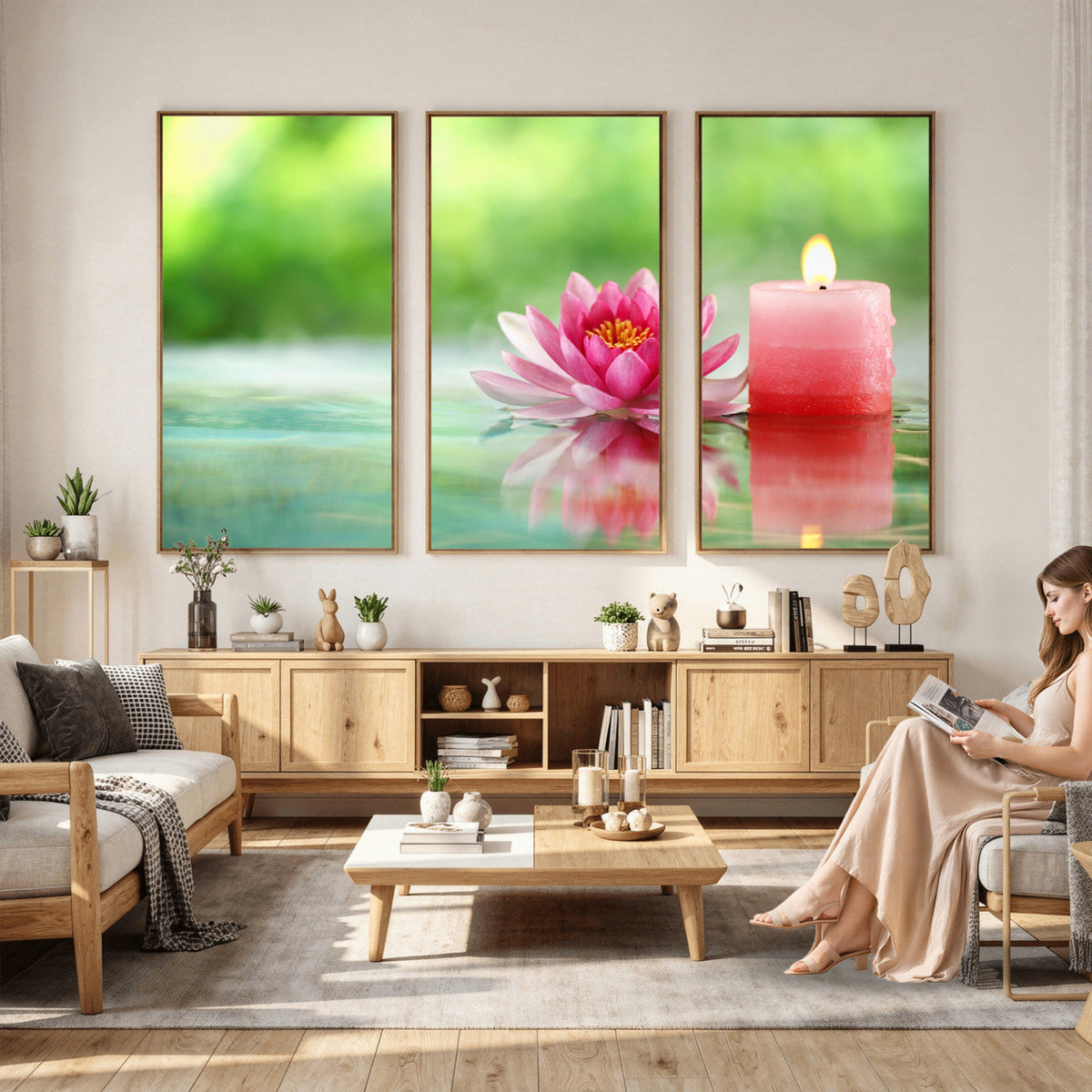 Zen Lotus Candle Canvas Wall Art, Pink Spa Meditation Decor