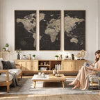 World Map Canvas Wall Art, Dark Charcoal and Antique Tan Detailed Map
