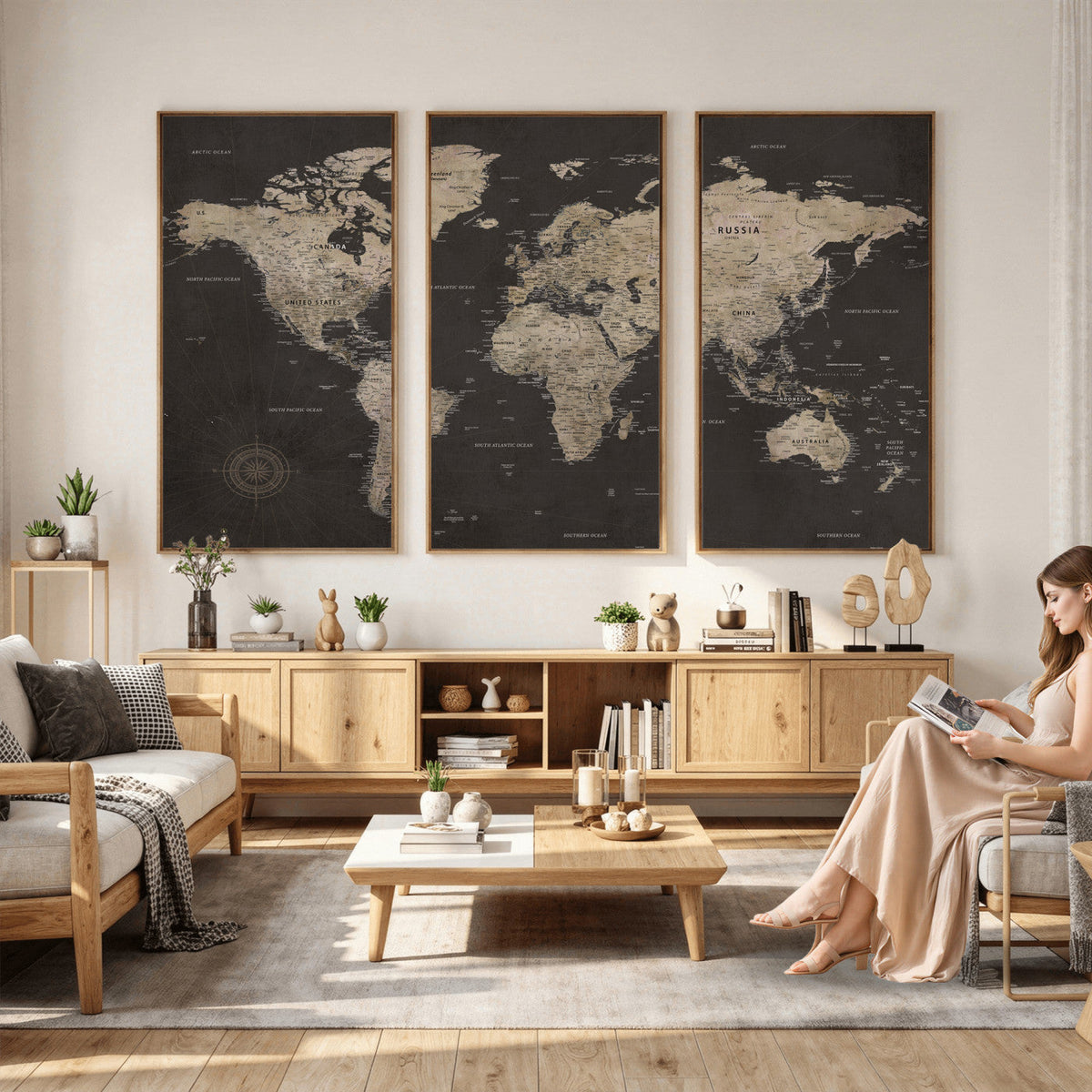 World Map Canvas Wall Art, Dark Charcoal and Antique Tan Detailed Map