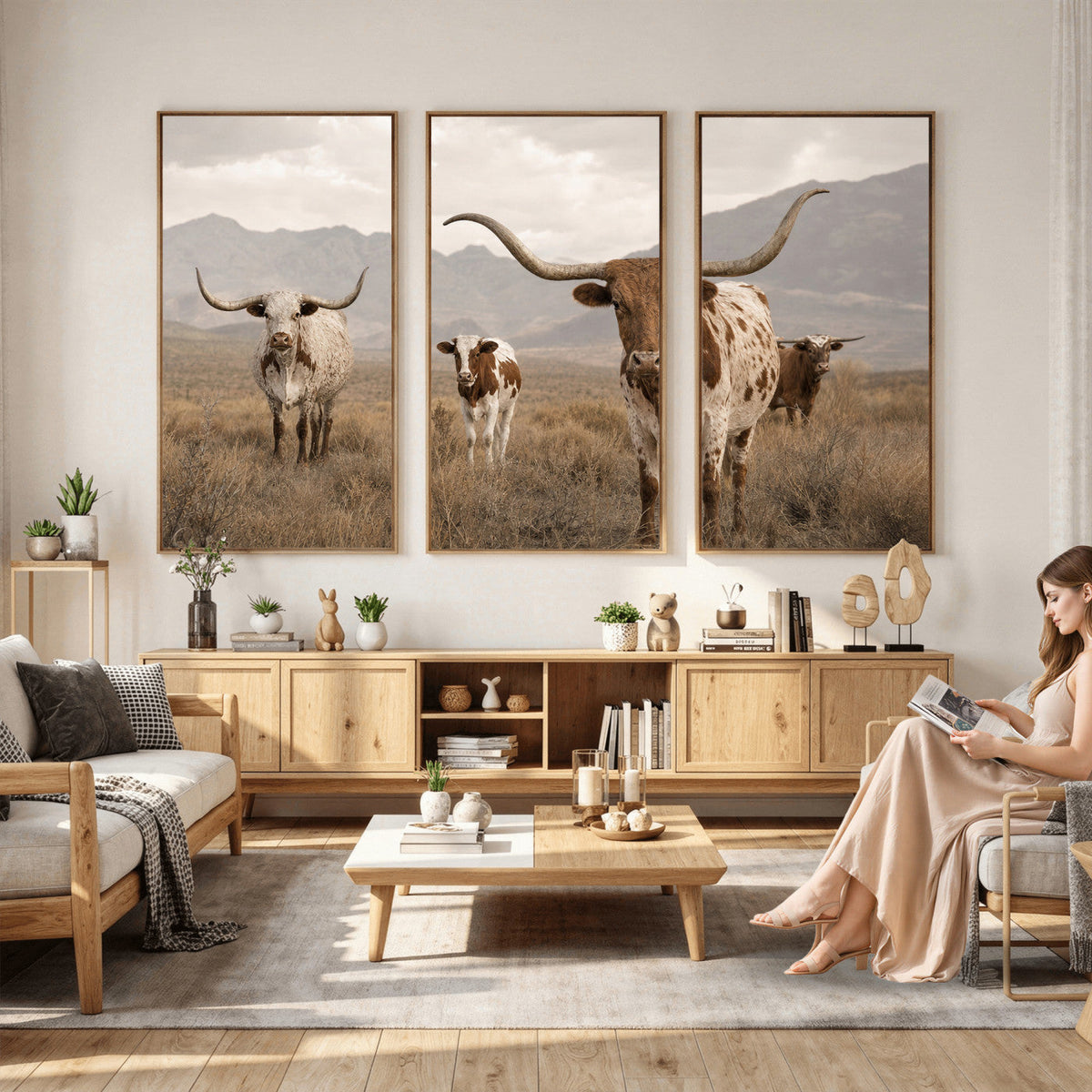 Rustic Texas Longhorn Cow Canvas Wall Art Print, Farm Animal Photography