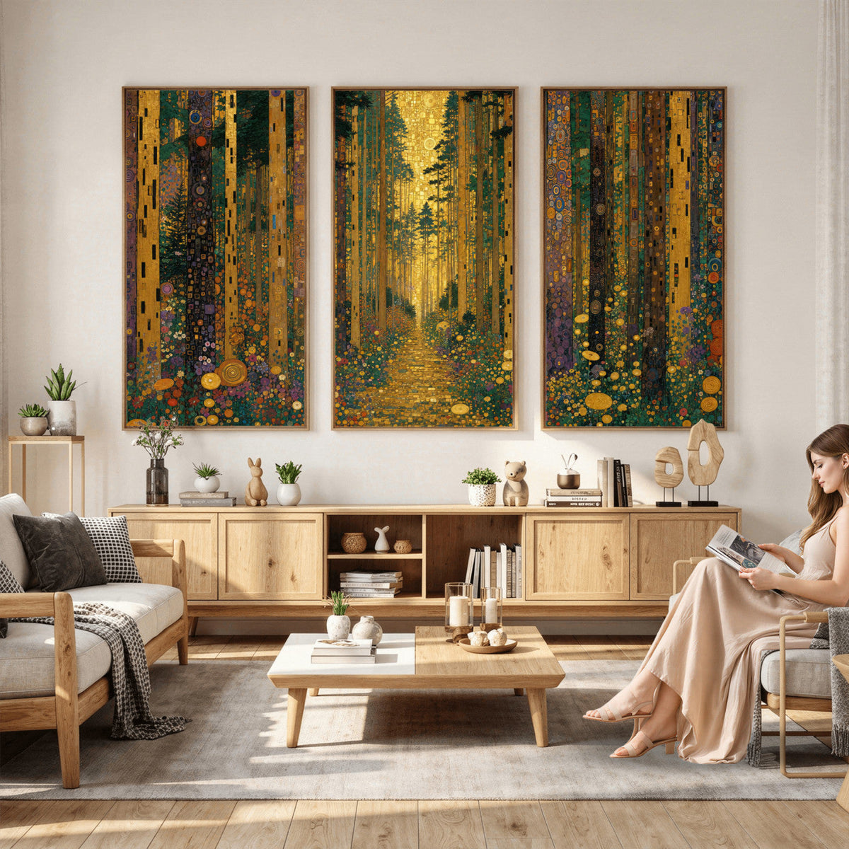 Gustav Klimt Style Forest Canvas Wall Art, Golden Forest Path Floral Art Nouveau Print