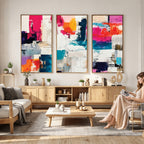 Blue Teal Abstract Canvas Wall Art, Modern Brushstroke Style Print, Navy Orange Contemporary Decor