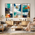 Blue Teal Abstract Canvas Wall Art, Modern Brushstroke Style Print, Navy Orange Contemporary Decor