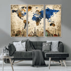 World Map Canvas Print | Vintage Blue and Gold World Map Wall Art