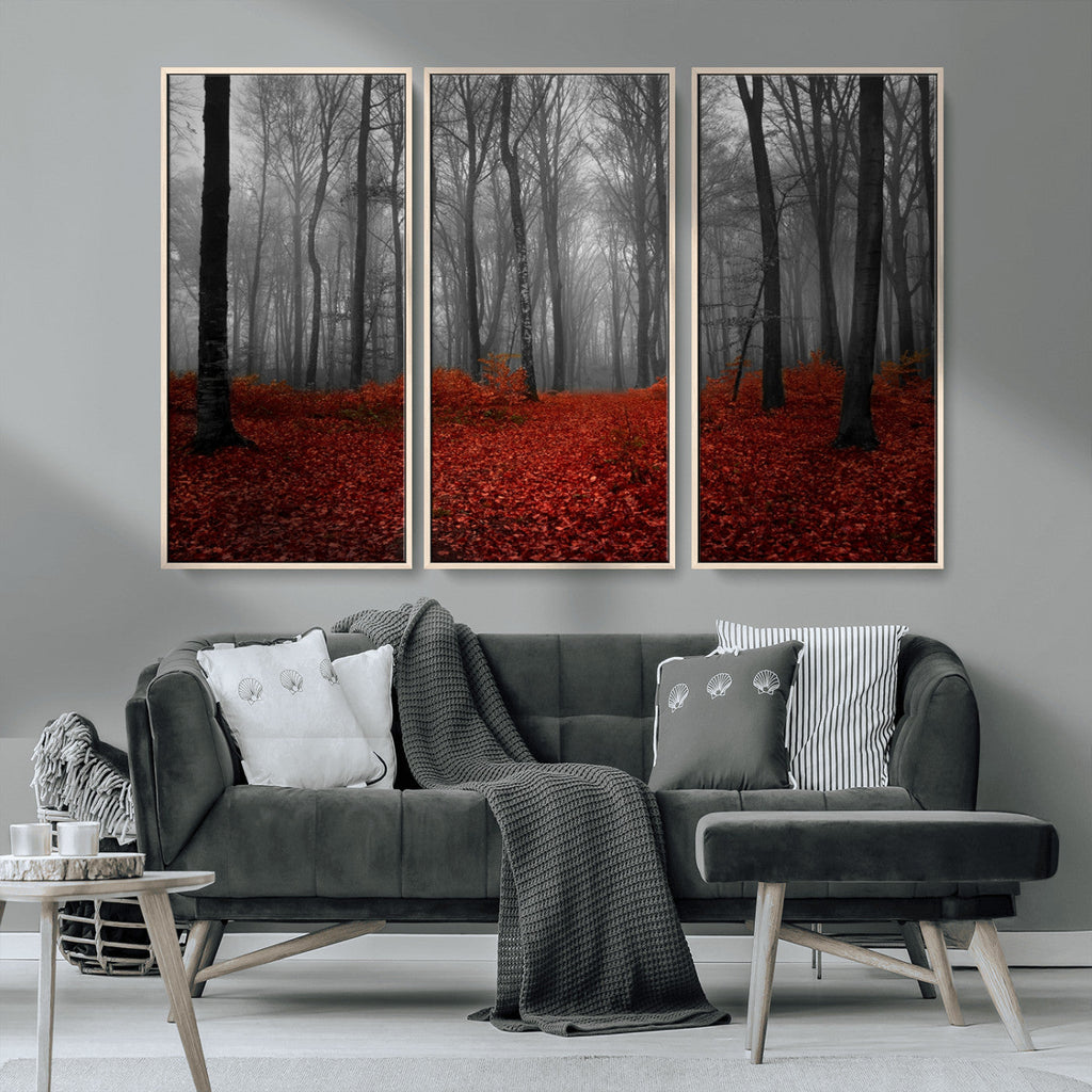 Red Forest Floor Canvas Wall Art | Mystical Foggy Woodland Triptych