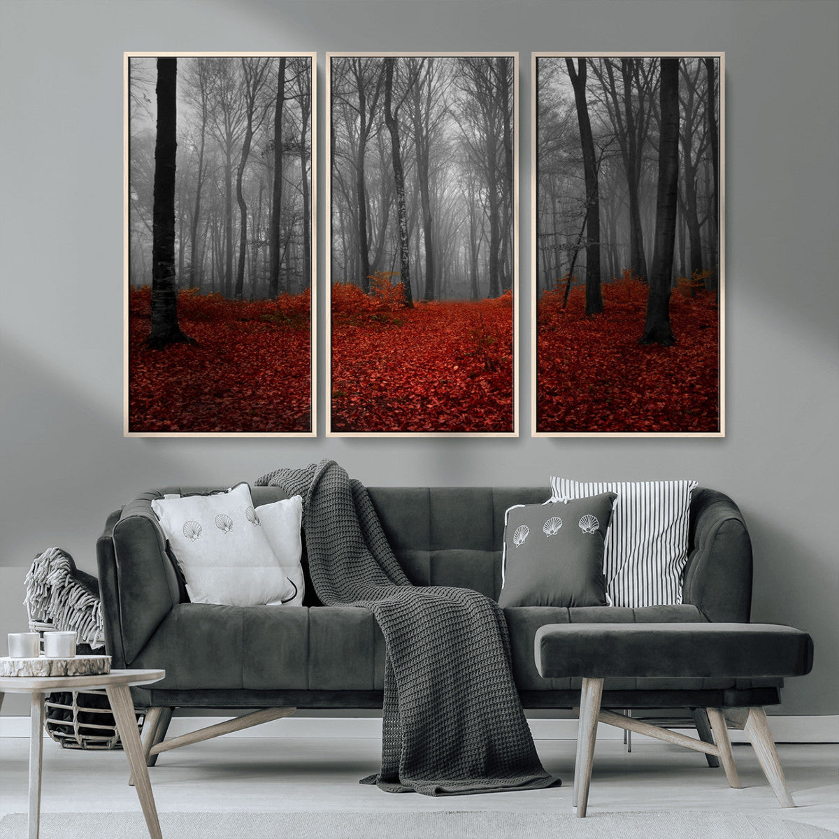 Red Forest Floor Canvas Wall Art | Mystical Foggy Woodland Triptych