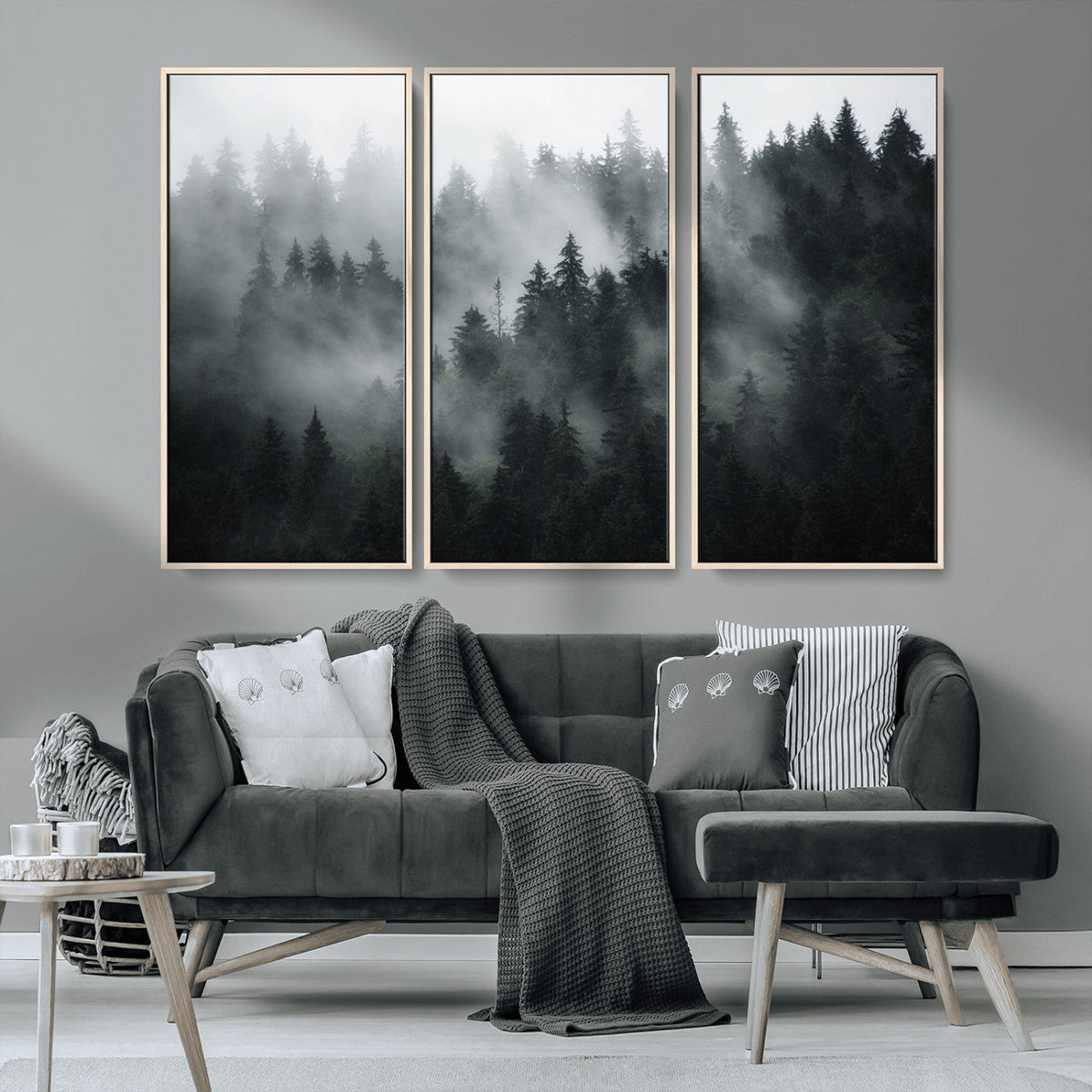 Foggy Forest Wall Art Canvas Print | 3 Panel Large Misty Landscape