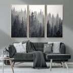 Misty Forest Canvas Wall Art | Monochrome Triptych Pine Tree Print