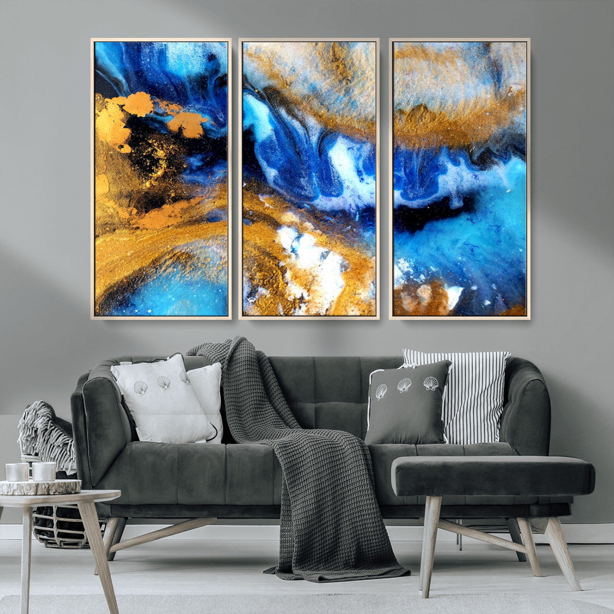 Blue Orange Marble Fluid Effect Canvas Wall Art Print