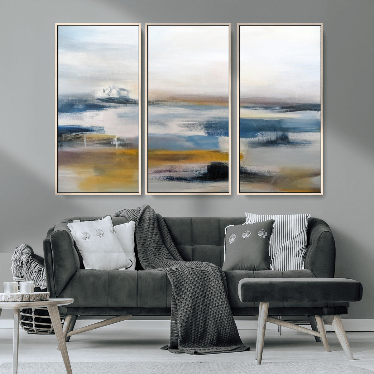 Abstract Landscape Wall Art Canvas | 3 Panel Modern Blue, Gold and White Canvas Art
