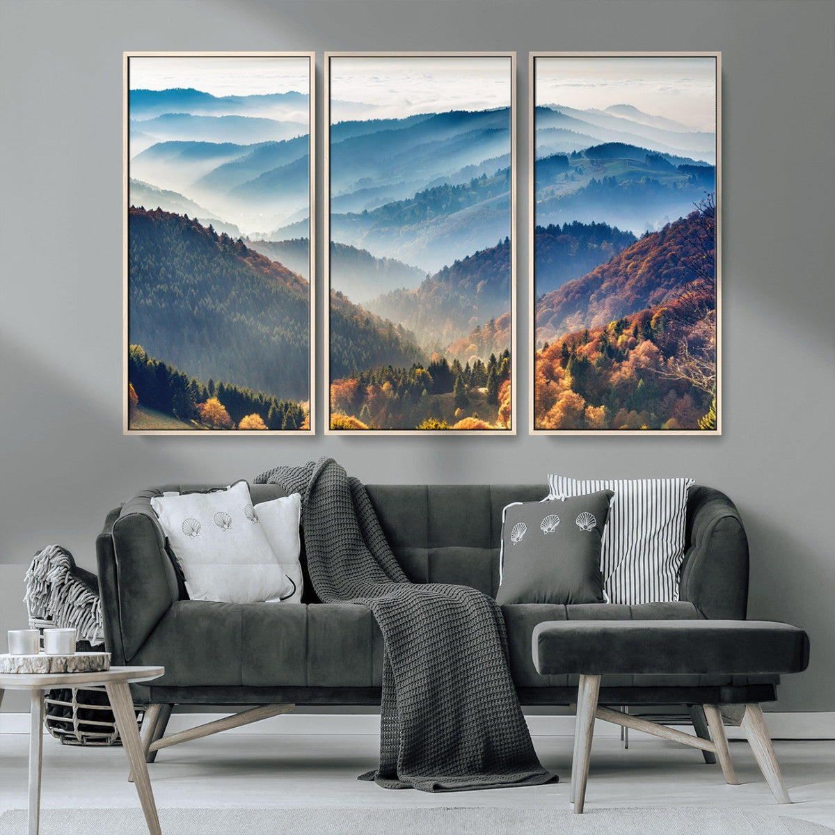 Misty Mountain Sunrise Triptych Canvas Print | Autumn Landscape Wall Art
