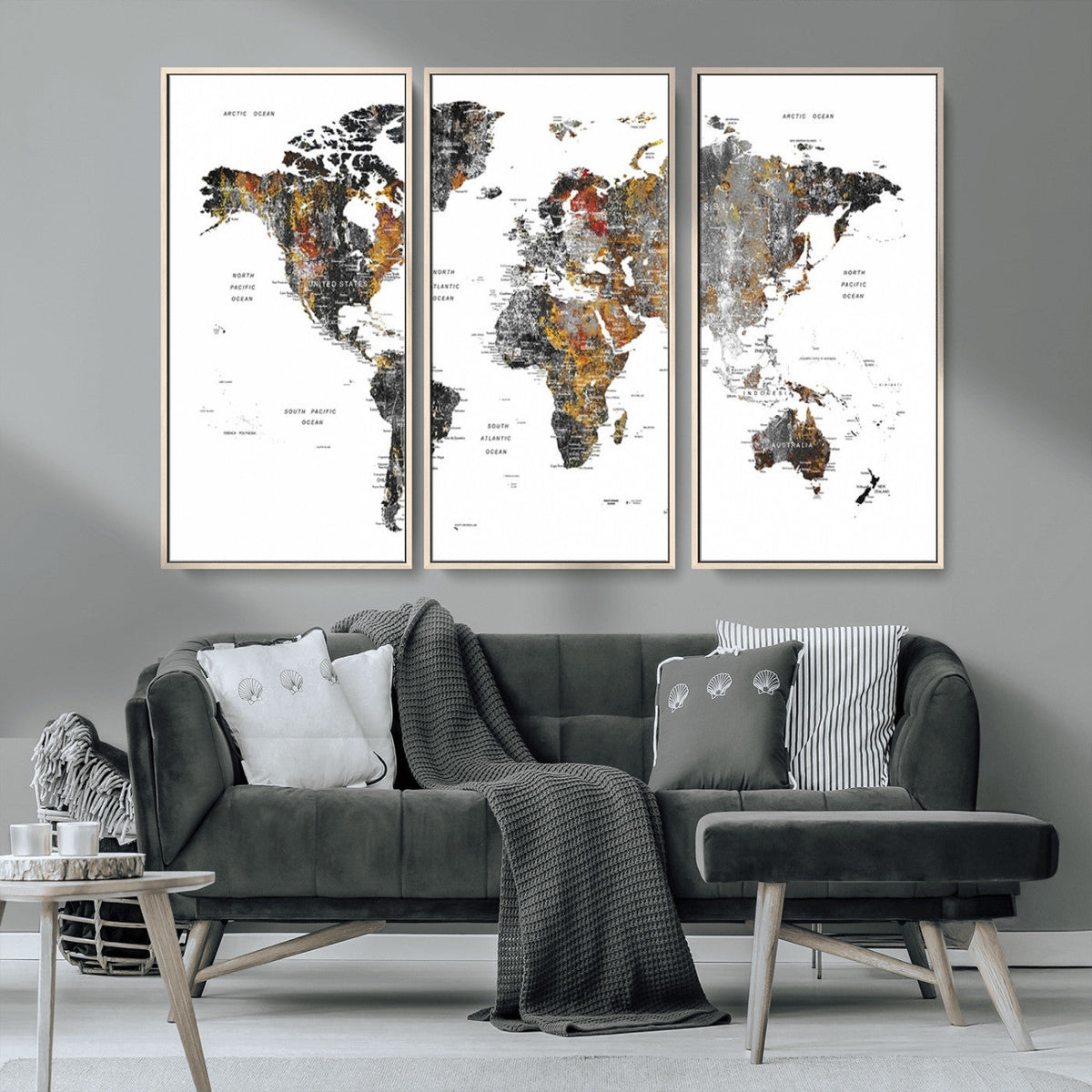 Modern Metallic World Map Canvas Wall Art | Framed Contemporary World Map Print