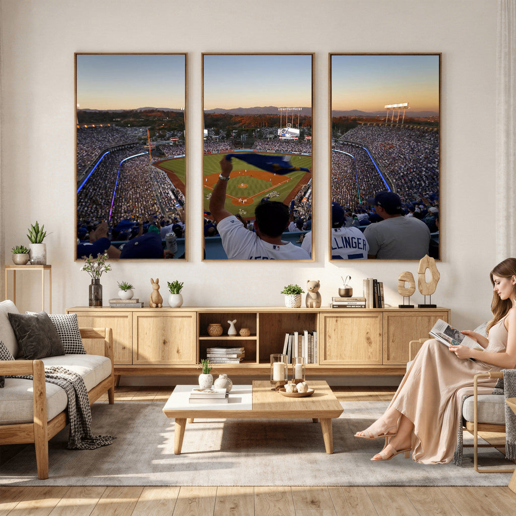 Dodger Stadium Sunset Game Triple Canvas Wall Art, Los Angeles Dodgers MLB Match