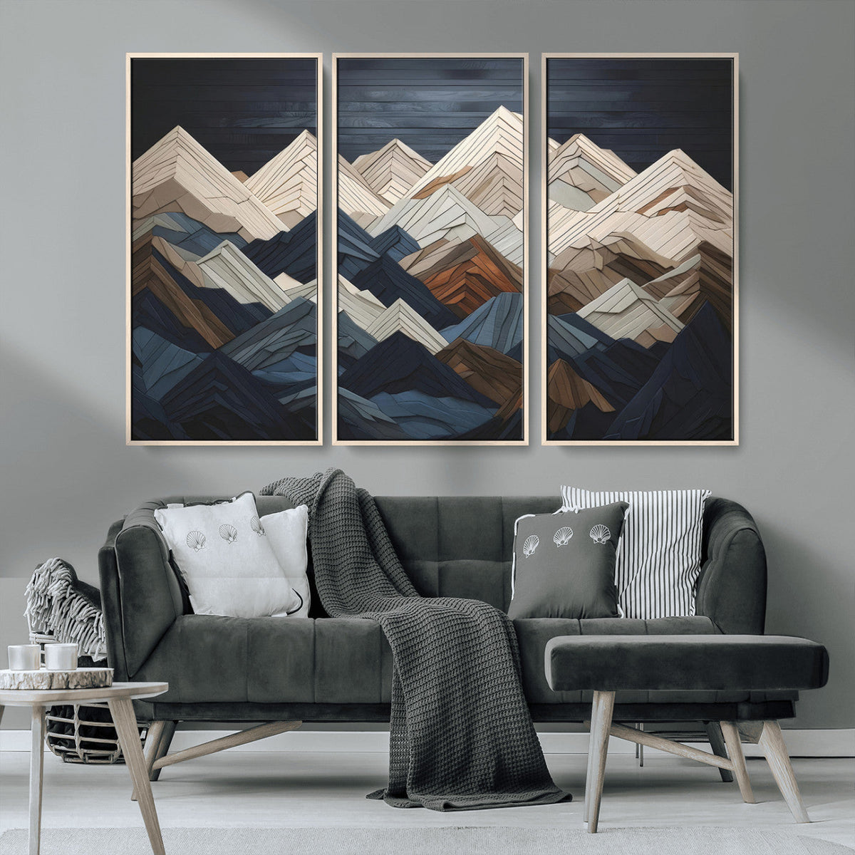 Rustic Mountain Landscape Wall Art Canvas Print, Framed 3D Wooden Effect Mountain Art
