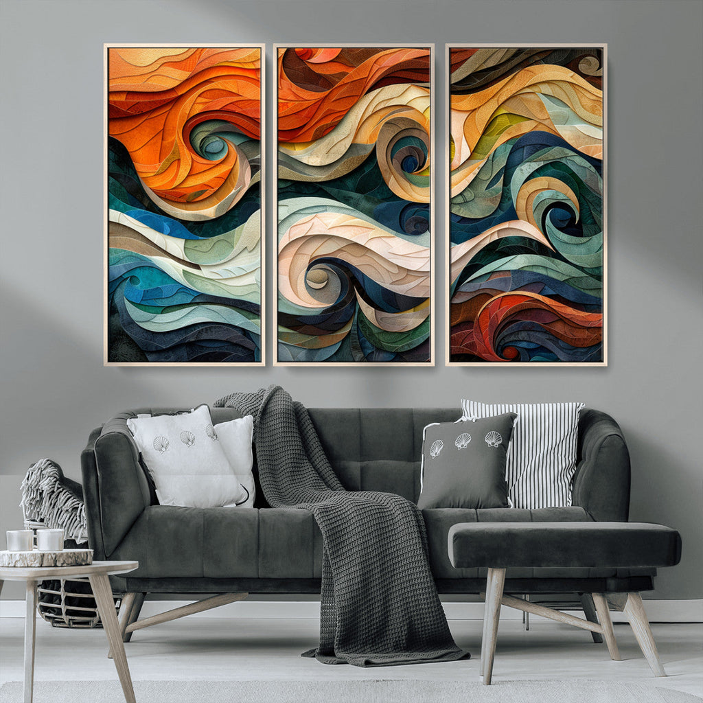 Abstract Wave Wall Art, Ready to Hang Framed Canvas Print | Extra Large 3 Piece Canvas Wall Art