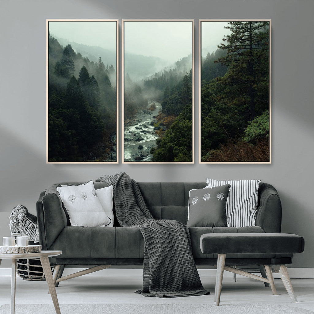 Misty Forest Wall Art, Tranquil Nature Landscape, Ready to Hang | Extra Large 3 Piece Canvas Wall Art
