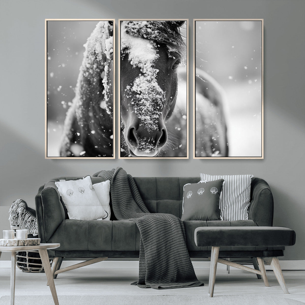 Black and White Horse Winter Wall Art, Ready to Hang