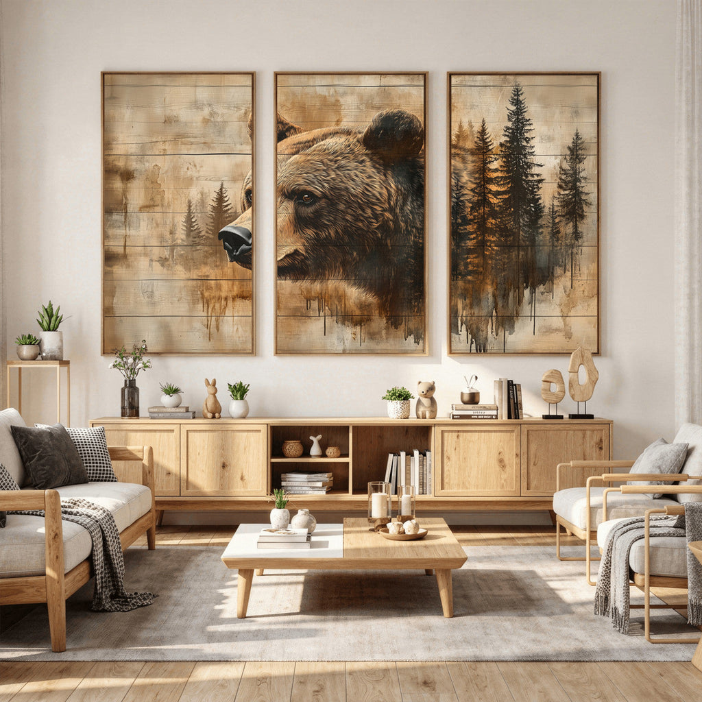 Rustic Grizzly Bear Wall Art, Abstract Grizzly 399 Bear Canvas Print, Woodland Wildlife