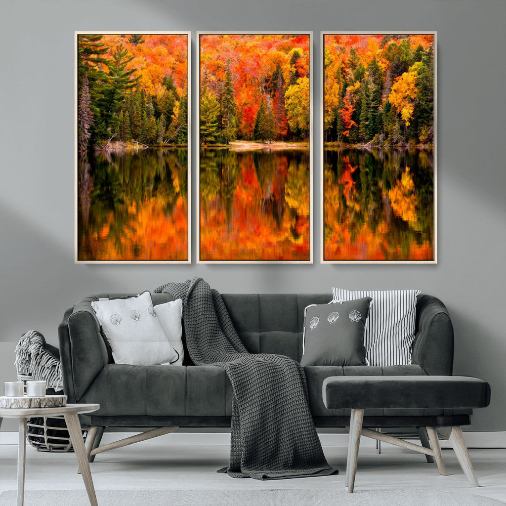 Forest Reflection Art | Autumn Forest Reflection Wall Art | Triptych Canvas Print