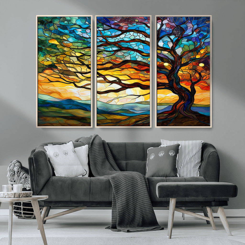 Vibrant Mosaic Tree of Life Wall Art, Stained Glass Style Canvas Print
