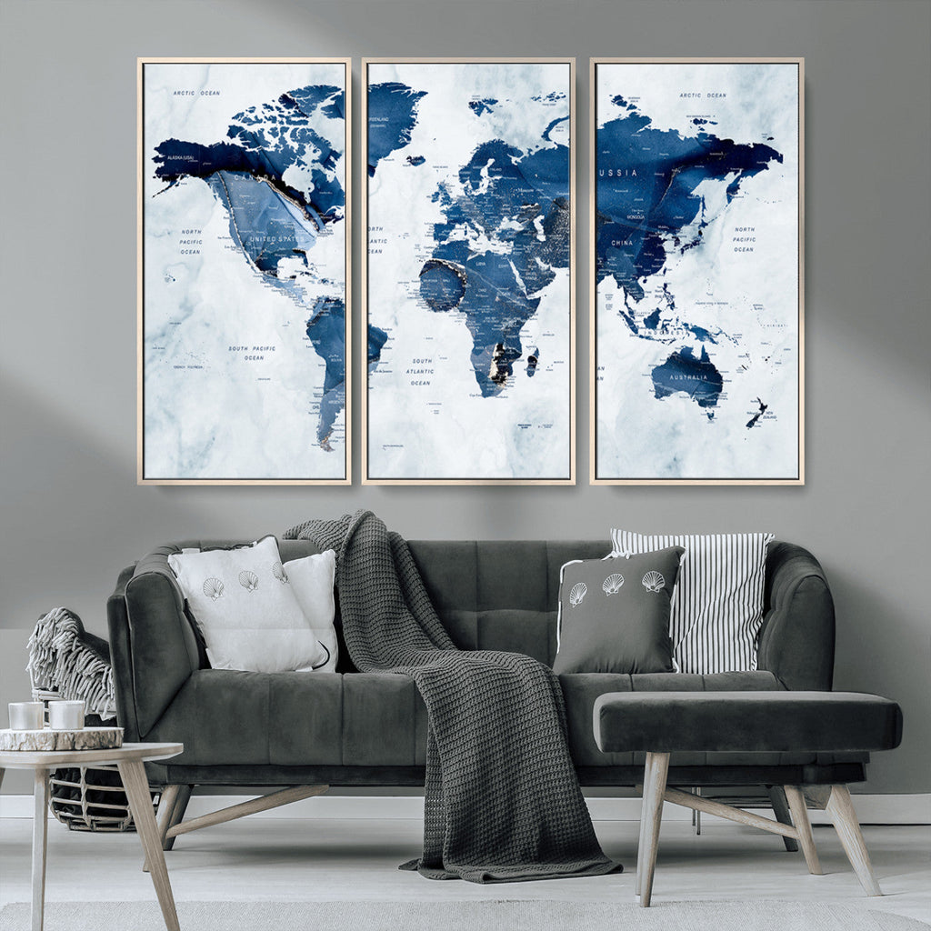 Modern Blue World Map Canvas Print | Elegant Travel Map Wall Art for Home Office