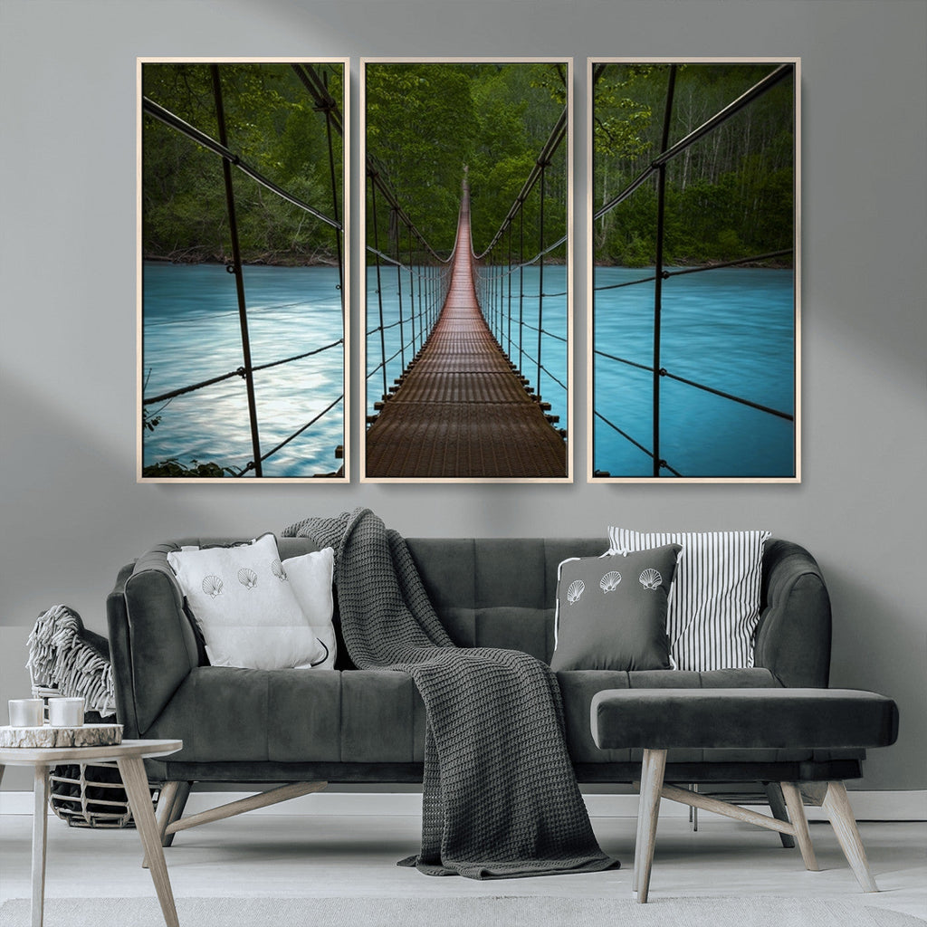 Suspension Bridge Over River Canvas Art | 3-Panel Nature Wall Art