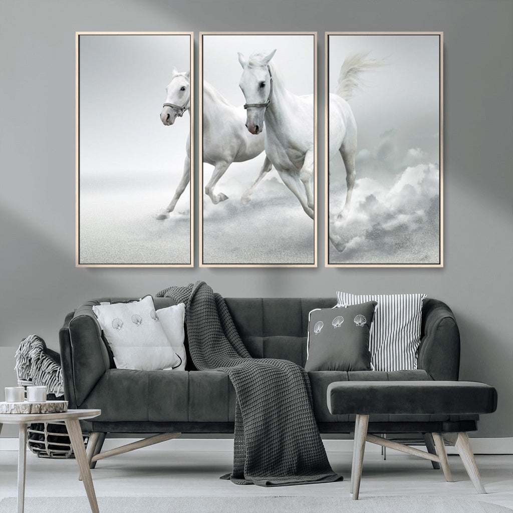 Large Wall Art Canvas Print, Beautiful Running White Horses