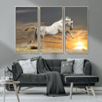 Large Wall Art Canvas Print, White Jumping Horse at Sunset