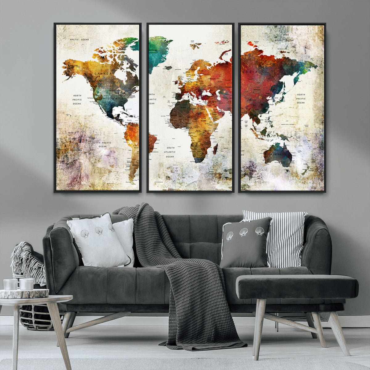 Watercolor World Map Canvas Print | Framed Travel Map Wall Art for Couples