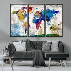 Navy Blue and Orange Watercolor World Map Canvas Print | Framed Travel Map