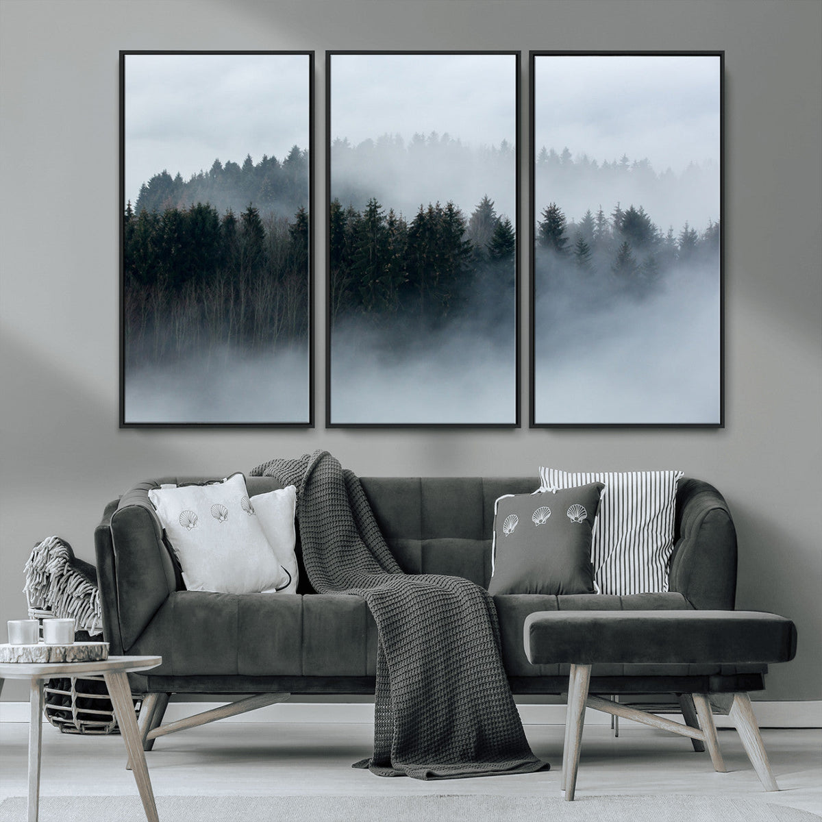 Autumn and Misty Trees in the Forest Wall Art Canvas Print, Foggy Forest Mountain Wall Art