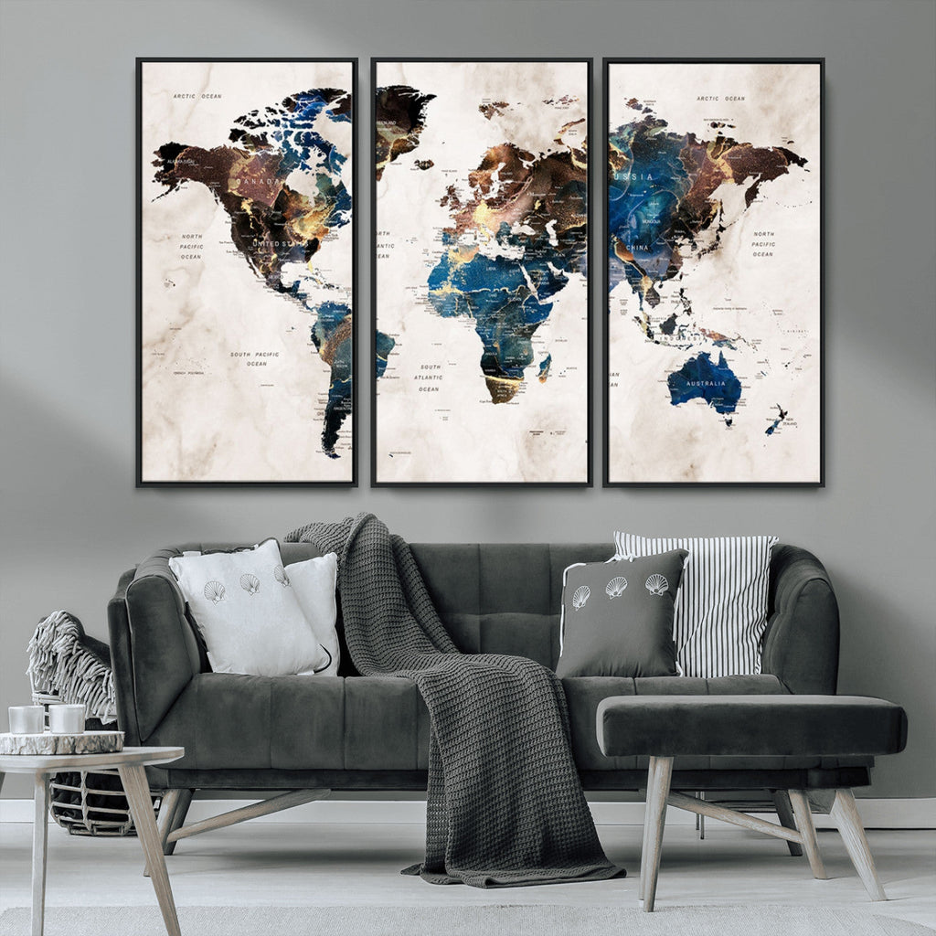 Abstract Earth Tone Blue World Map Canvas Print | Framed Travel Map Wall Art
