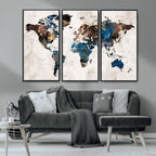 Abstract Earth Tone Blue World Map Canvas Print | Framed Travel Map Wall Art