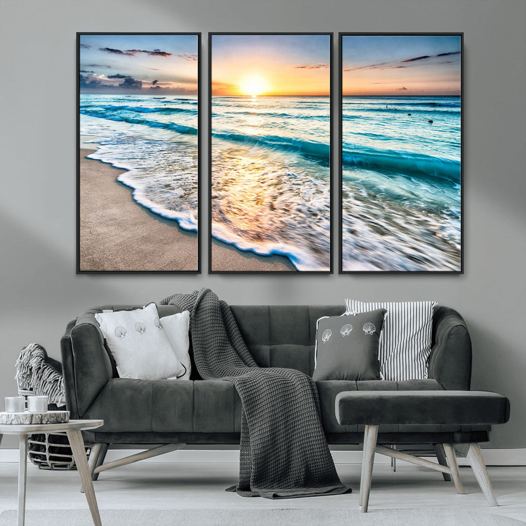 Sunset Beach Waves Canvas Wall Art | Ocean Sunset Coastal Print