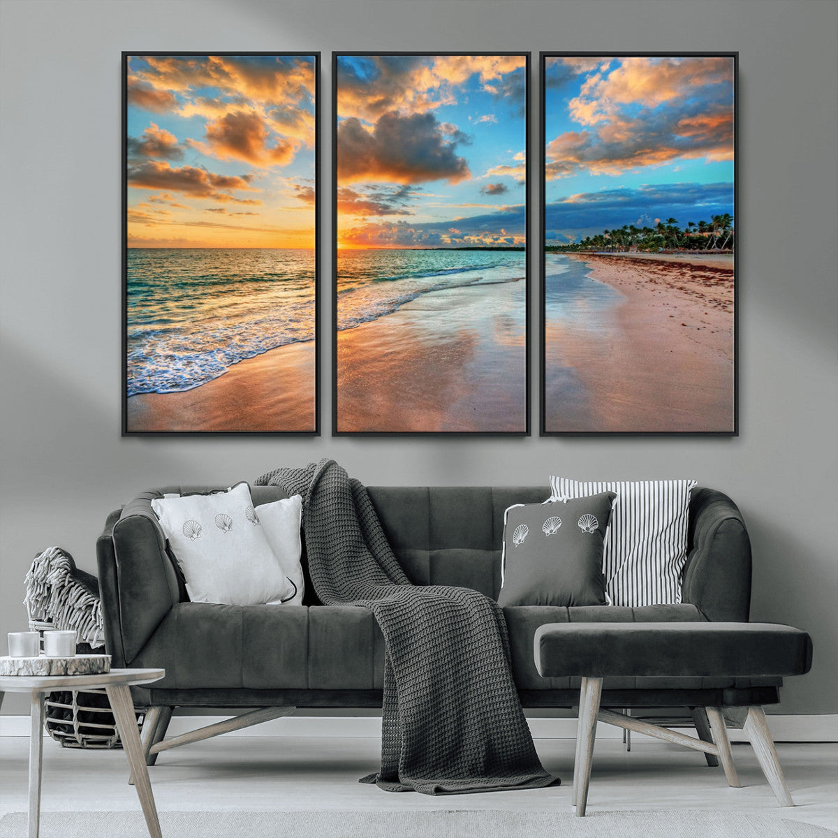 Sunset Beach Canvas Wall Art | Tropical Triptych Seascape Print