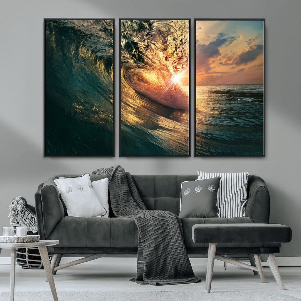 Ocean Wave Sunset Canvas Wall Art | Triptych Seascape Print