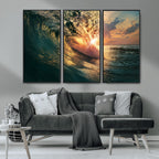 Ocean Wave Sunset Canvas Wall Art | Triptych Seascape Print