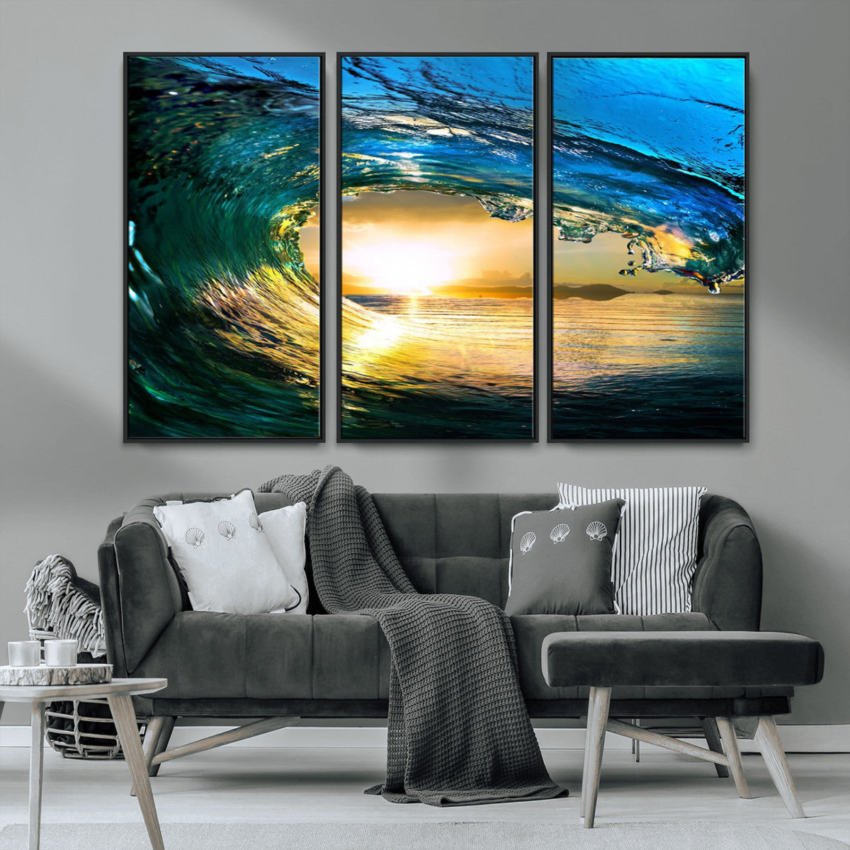 Ocean Wave at Sunset Canvas Art, Large Wall Print of Vibrant Surfing Wave