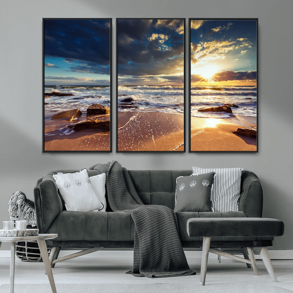 Golden Hour Beach Sunset Canvas Triptych, Ocean Waves and Rocks Wall Art