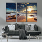Golden Hour Beach Sunset Canvas Triptych, Ocean Waves and Rocks Wall Art